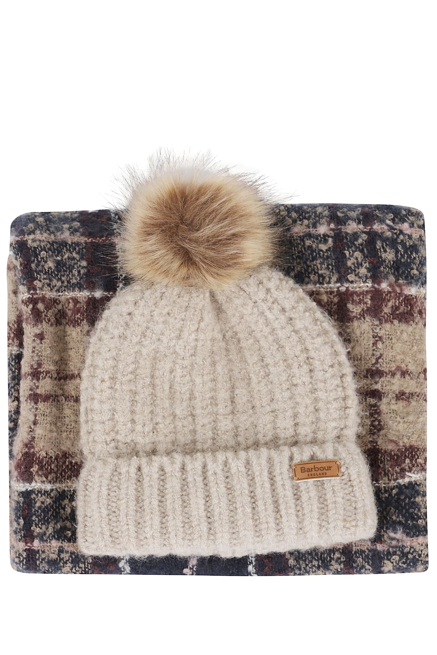 Barbour Pompom-detail Tartan-scarf Beanie Set In Multi