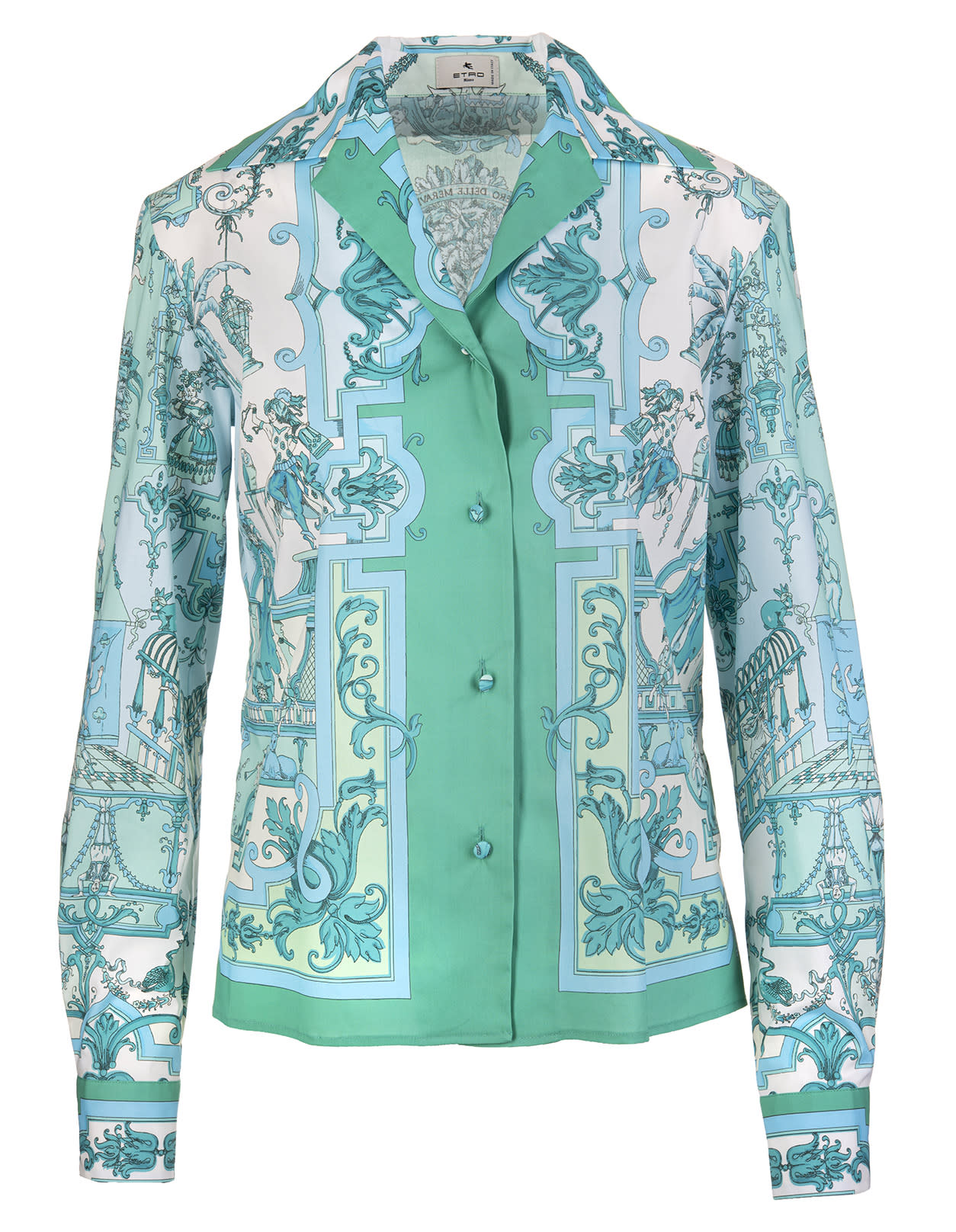 Etro Woman Aquamarine Cotton Shirt With Foulard Print