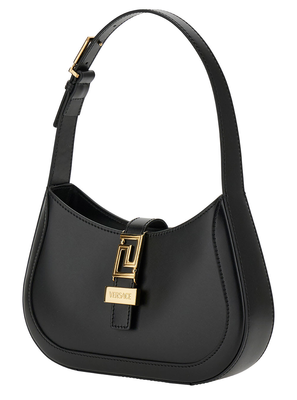 Shop Versace Greca Goddess Small Black Hobo Bag With Logo Detail In Leather Woman