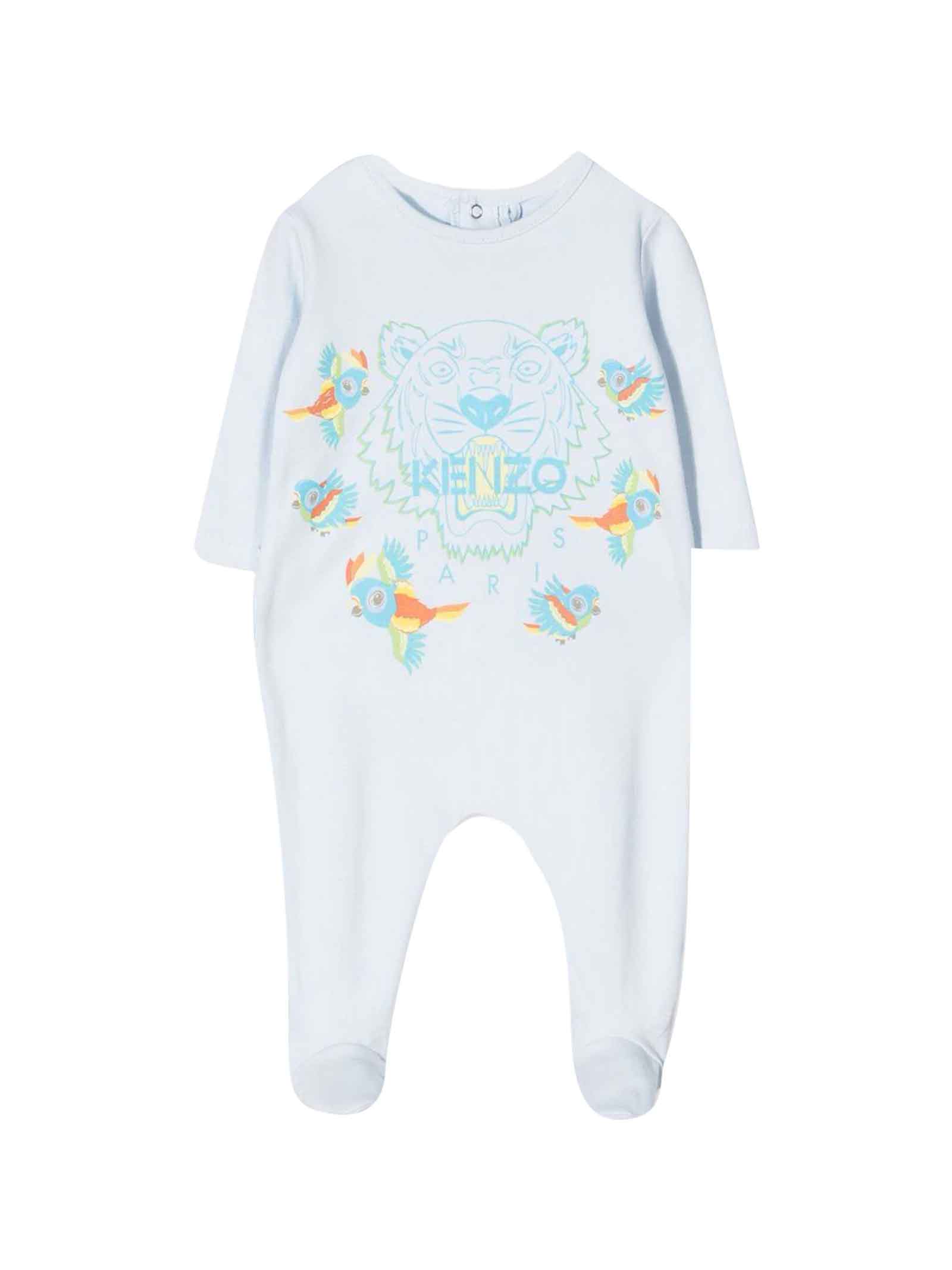 Kenzo Kids Light Blue Newborn Onesie With Tiger Print On The Front, Crew Neck, Long Sleeves And Back Button Closure By.