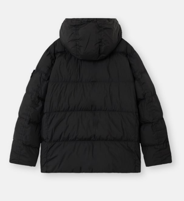 Stone Island Blue Down Jacket With Drawstring Hood And Logo Patch On The Sleeve In Tech Fabric Man In Black