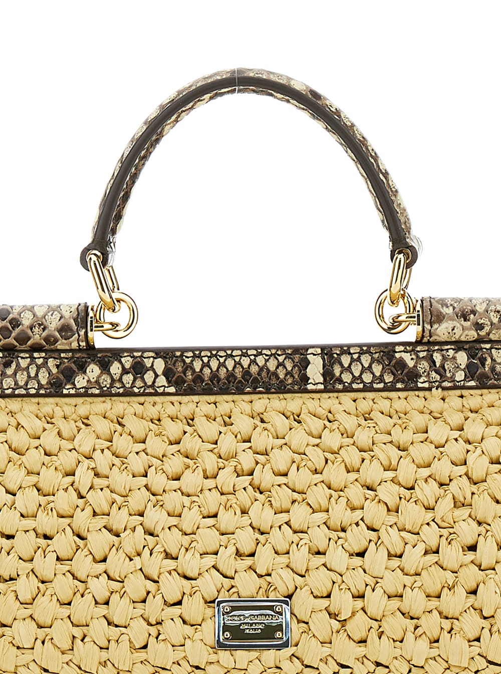 Shop Dolce & Gabbana Medium Sicily Beige Handbag With Logo Plaque In Raffia Crochet Woman