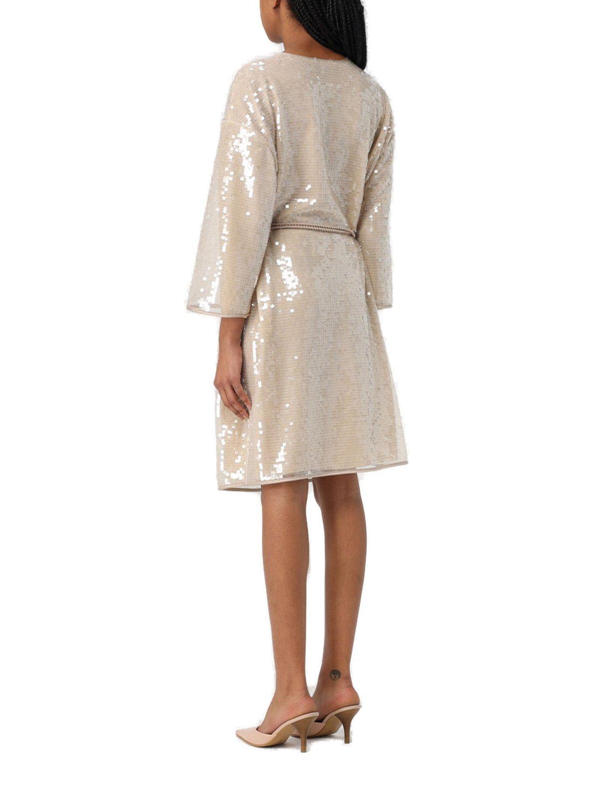 Shop Emporio Armani Sequin-embellished Keyhole Neck Midi Dress In Champagne