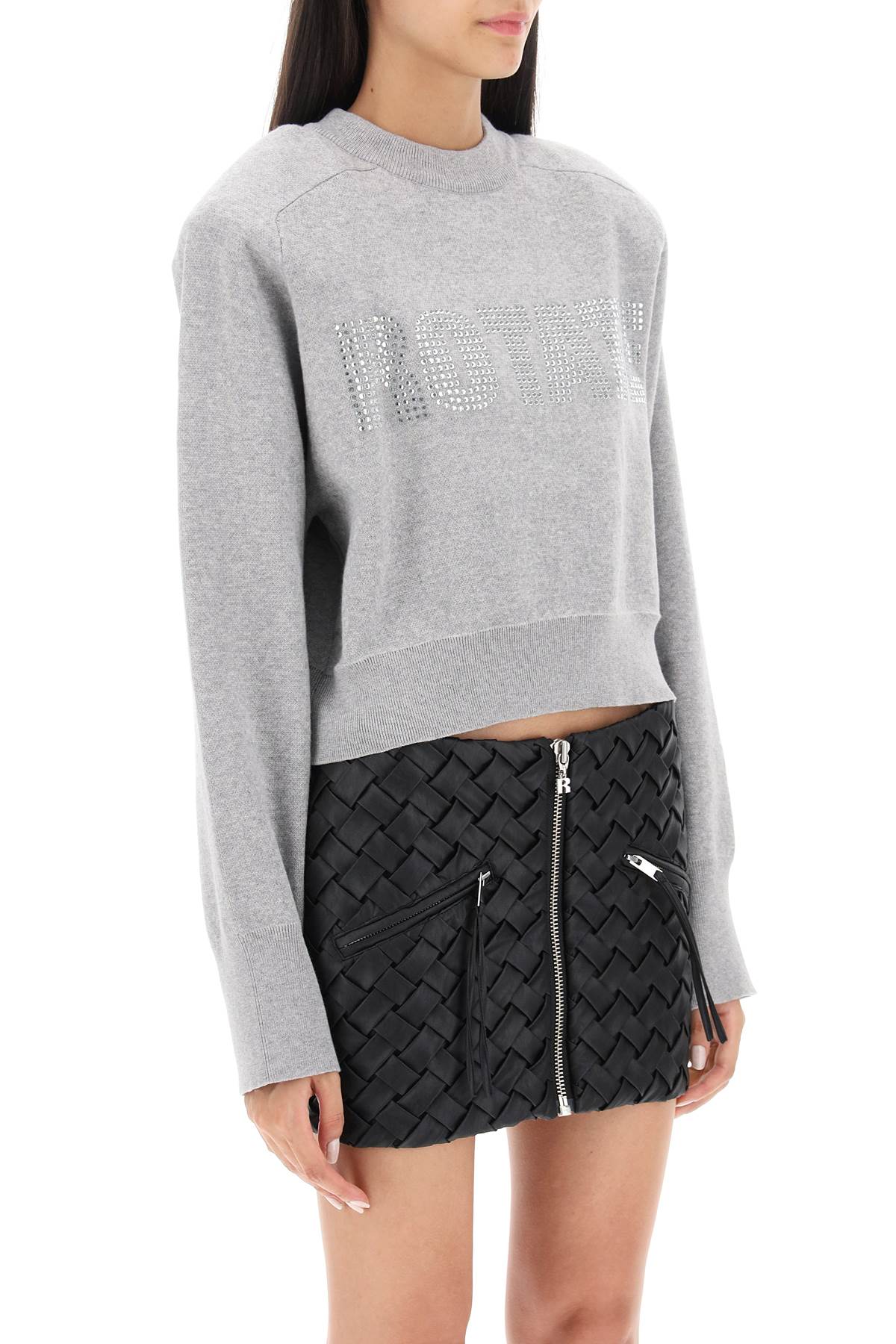 Shop Rotate Birger Christensen Cropped Sweater With Rhinestone-studded Logo In Lunar Rock (grey)