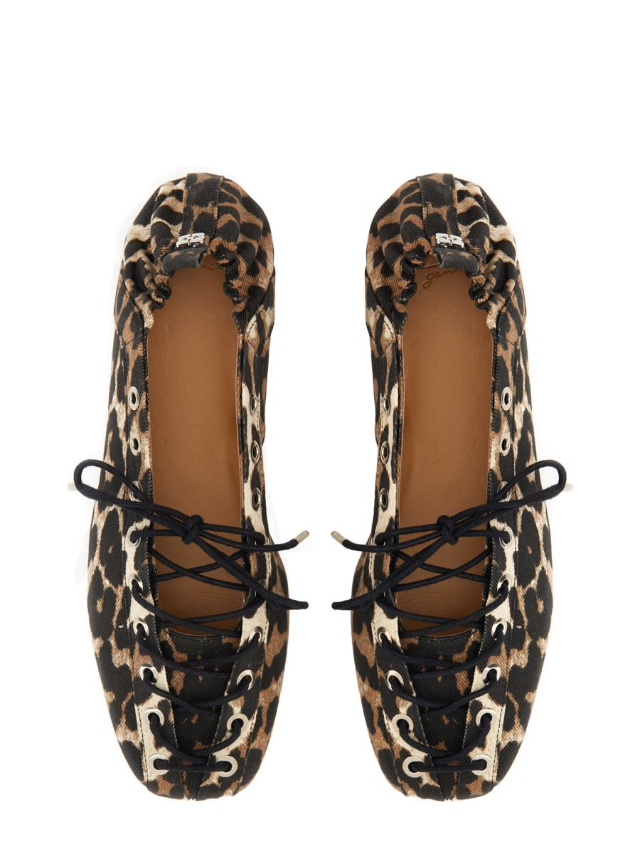 Shop Ganni Lace-up Ballerina In Animalier