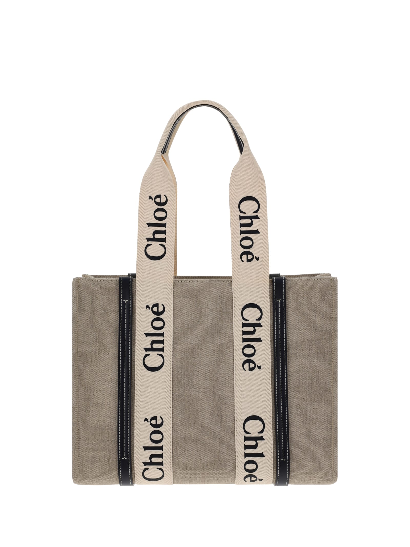 Chloé Medium 'woody' Eco Linen Canvas Tote Bag In White Blue