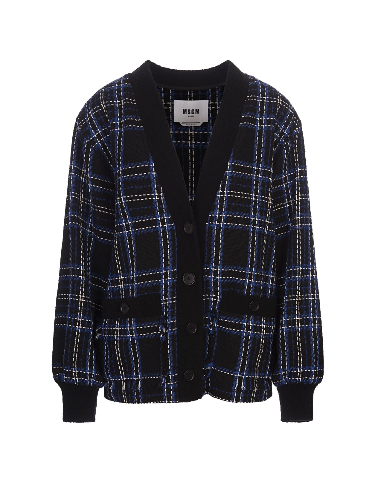 Shop Msgm Oversized Cardigan In Blue Tweed With Maxi Check Pattern