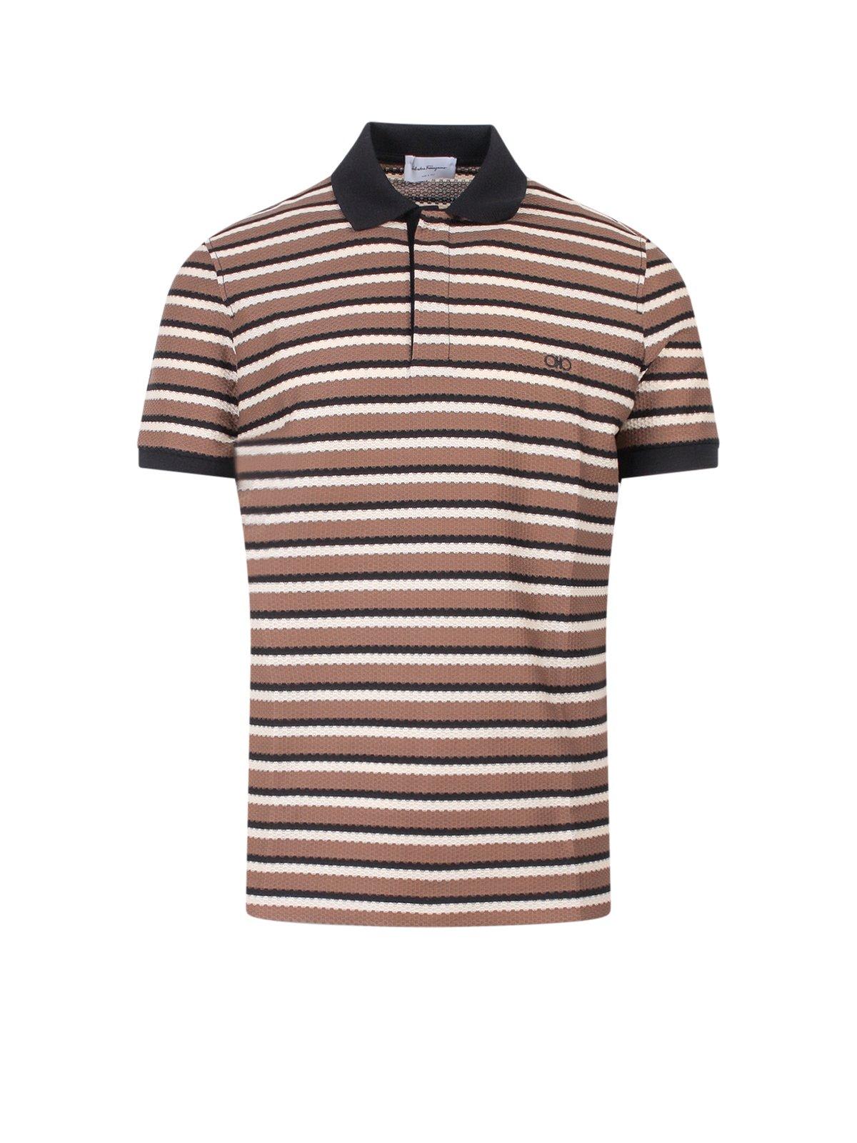 Shop Ferragamo Striped Logo Embroidered Polo Shirt In Noce/black/coco