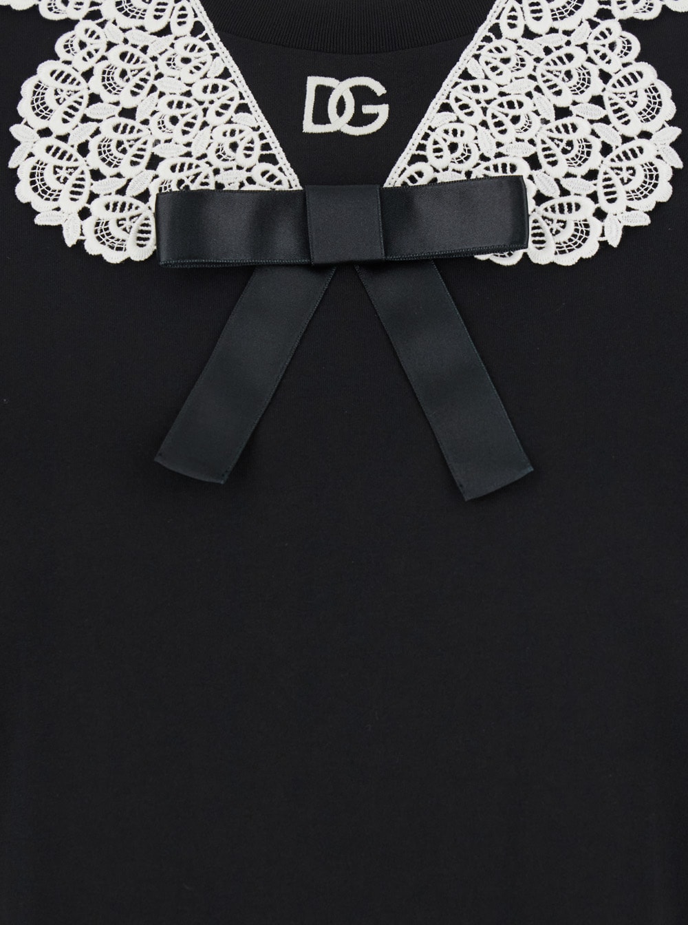Dolce & Gabbana Black T-shirt With Bow On The Front And Lace Details In Cotton Woman In Black