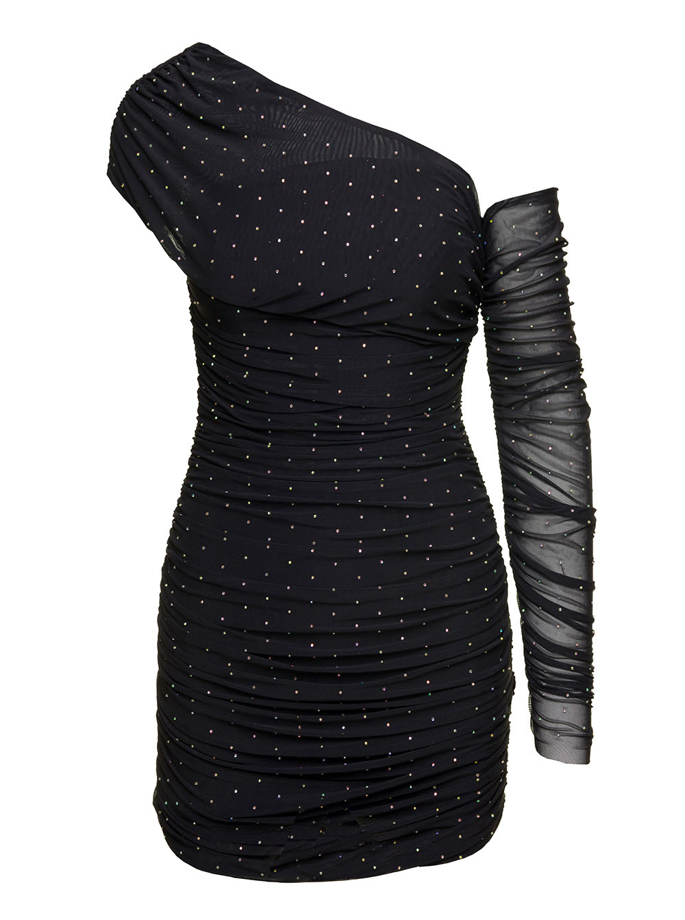 Shop Rotate Birger Christensen Mini Black Asymmetric Dress With All-over Rhinestone Embellishment In Mesh Woman