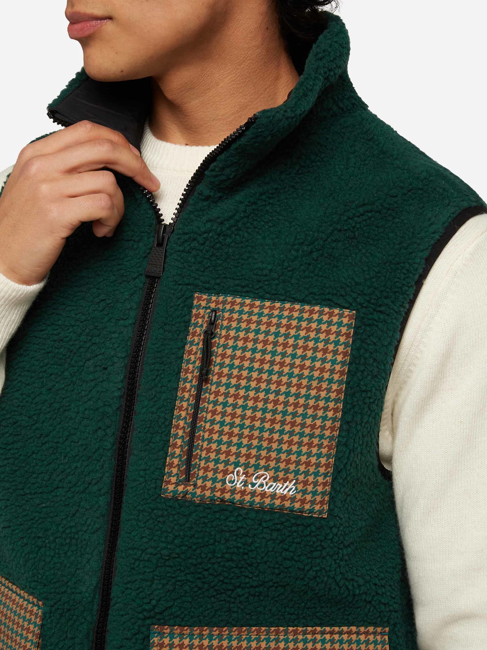 Mc2 Saint Barth Man Teddy Vest Wanaka With Pied De Poul Print In Green