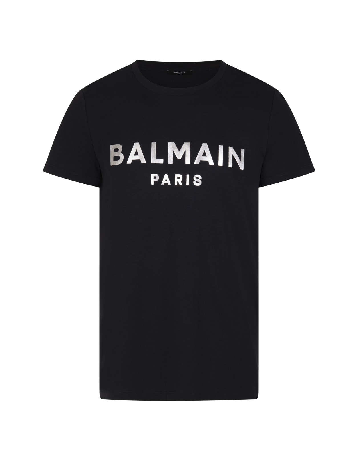 Balmain Man Black Cotton T-shirt With Silver Logo