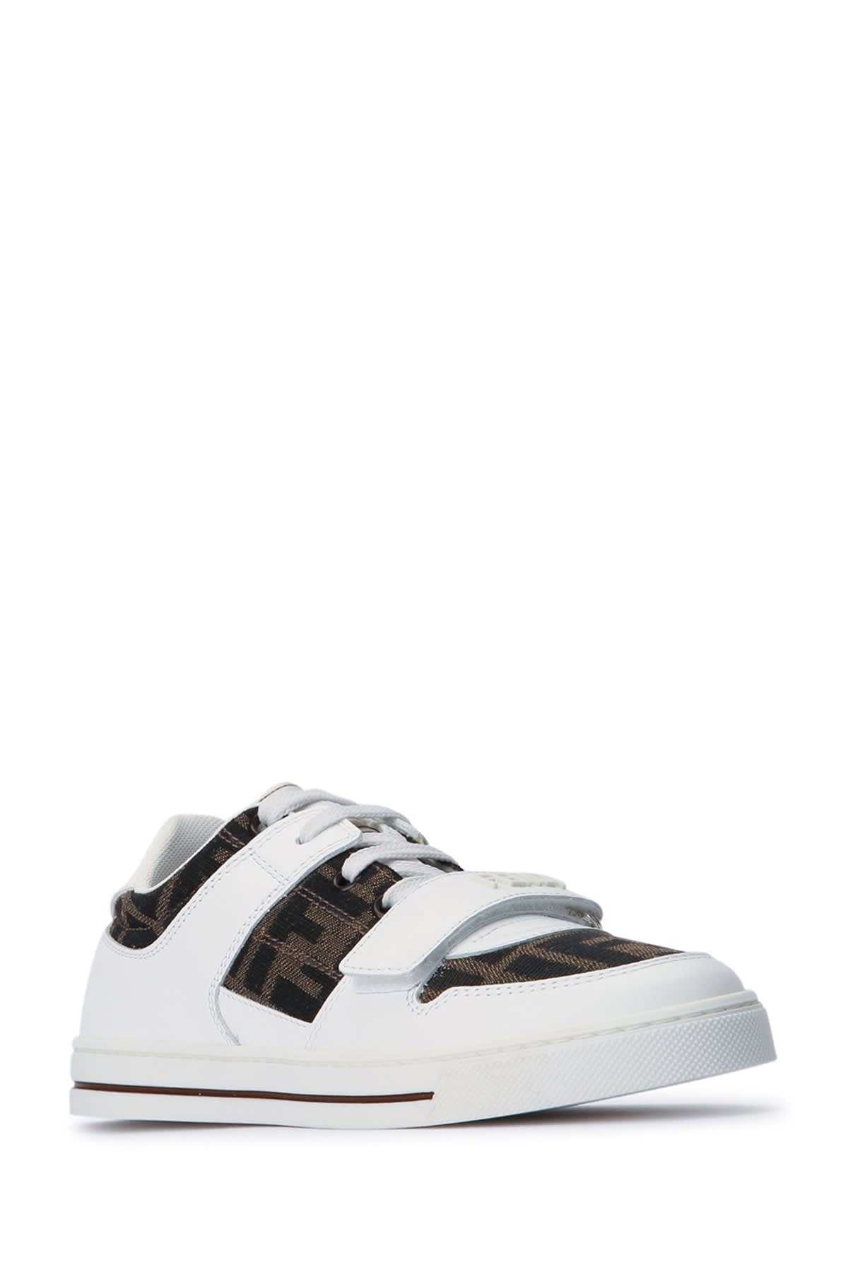 Fendi Kids Leather Jacquard Logo Trainers In Biancotabacconero