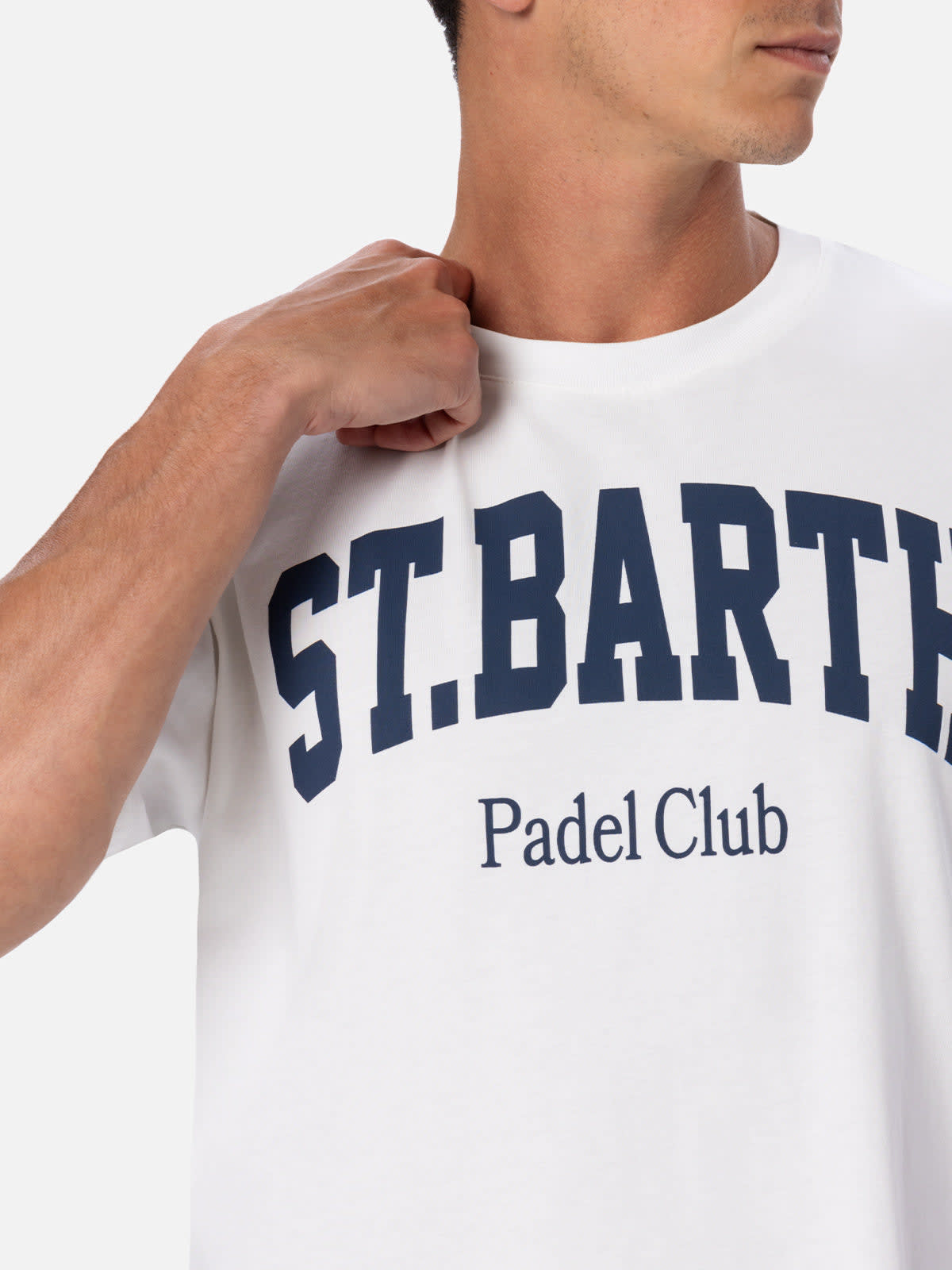 Mc2 Saint Barth Man Cotton T-shirt With St. Barth Padel Club Placed Print In White