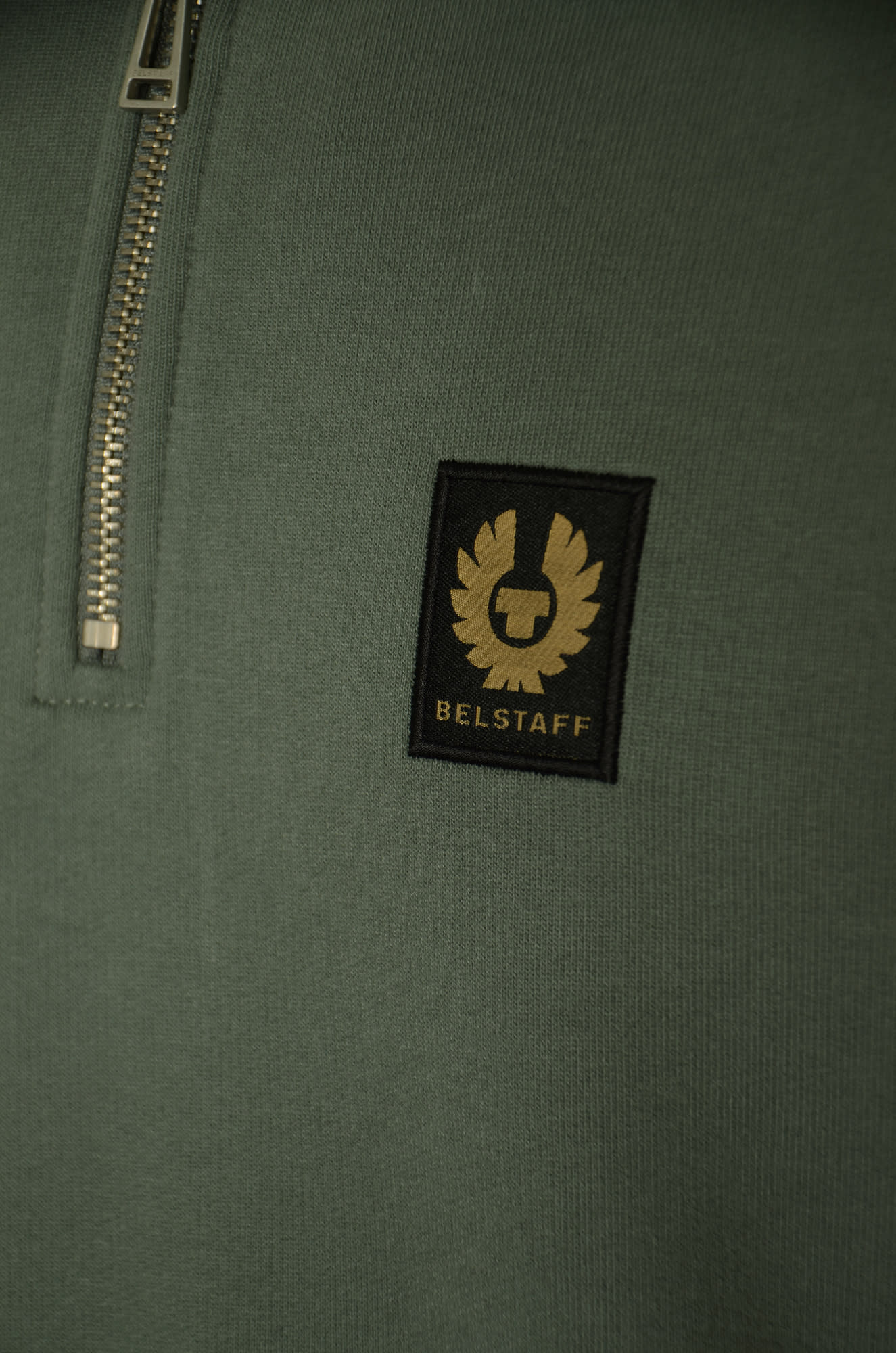Shop Belstaff Logo Patched Rib Trim Quarter-zip Sweatshirt In Mineral Green