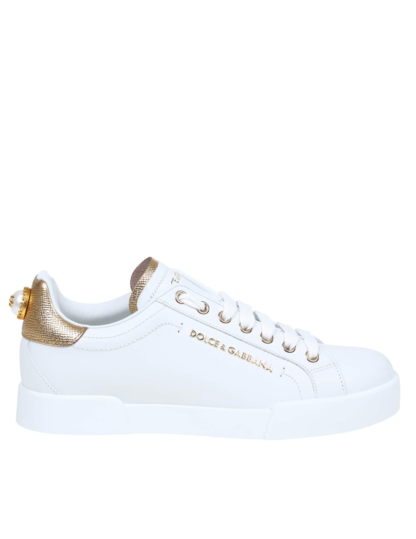 Dolce & Gabbana Portofino Sneakers In White Leather With Logo Pearl