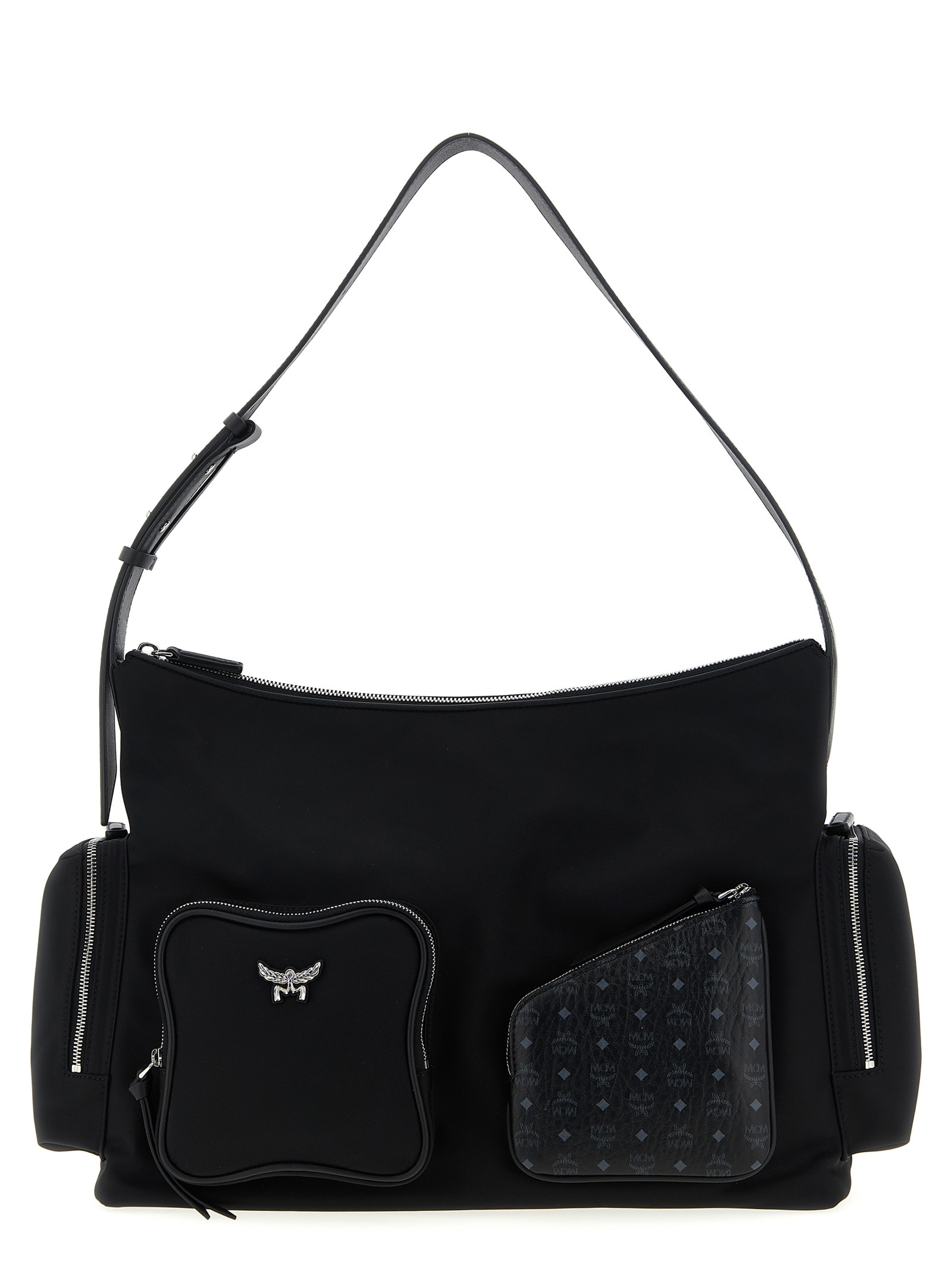 Mcm Nylon Shoulder Bag With Spacious Compartments In Black