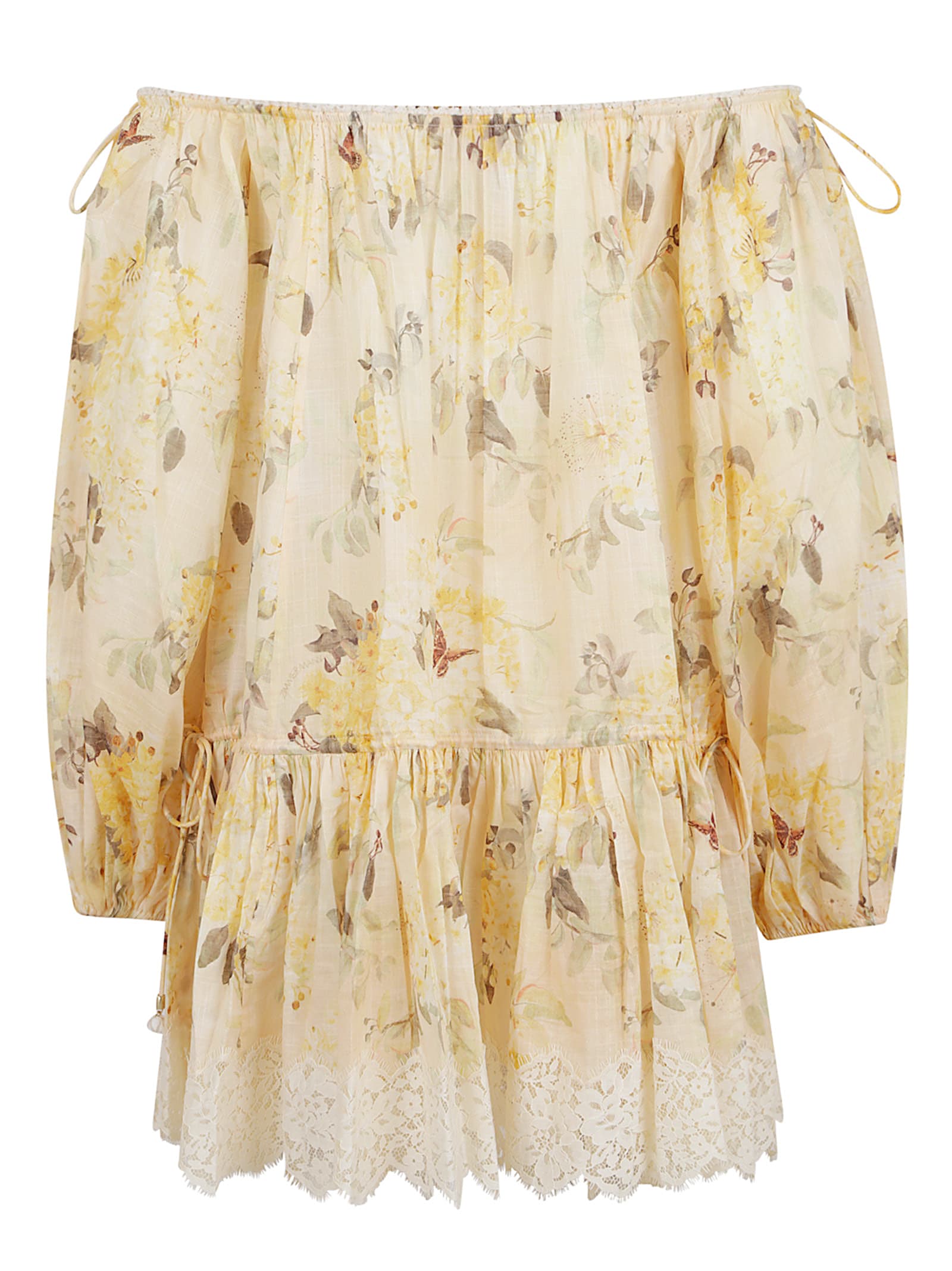 Zimmermann Cascadian Off-the-shoulder Lace-trimmed Printed Cotton-voile Mini Dress In Yellow