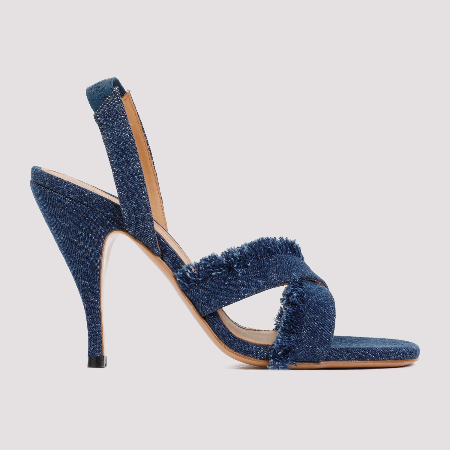 Off-white Curvy Heel Denim Sandal With Fringed Straps In Blue A Blu