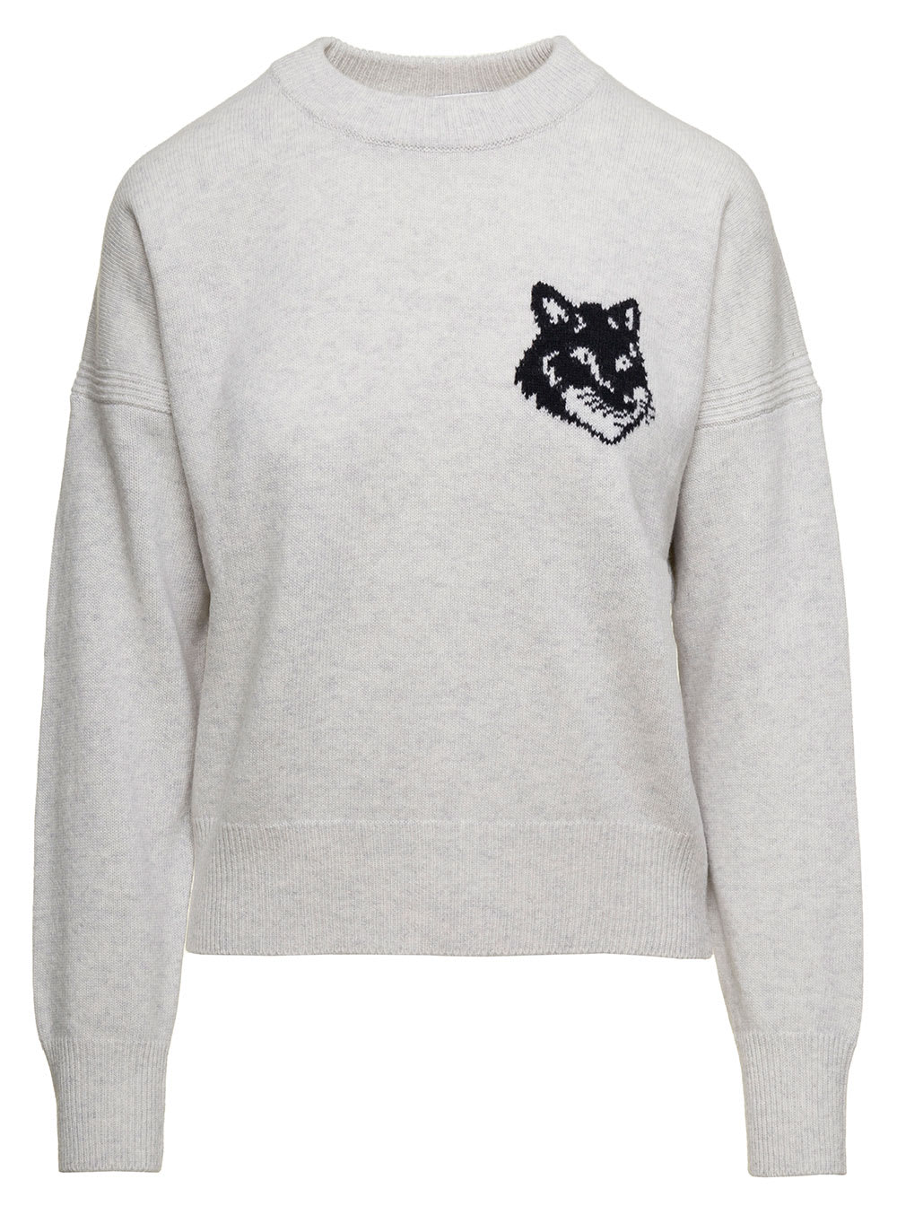 MAISON KITSUNÉ GREY CREWNECK SWEATSHIRT WITH INTARSIA FOX HEAD IN WOOL WOMAN