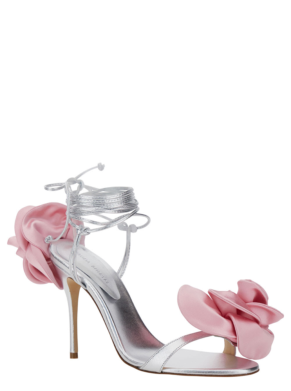 Shop Magda Butrym Silver Strappy Sandals With 3d Flower In Silk Blend Woman In Metallic
