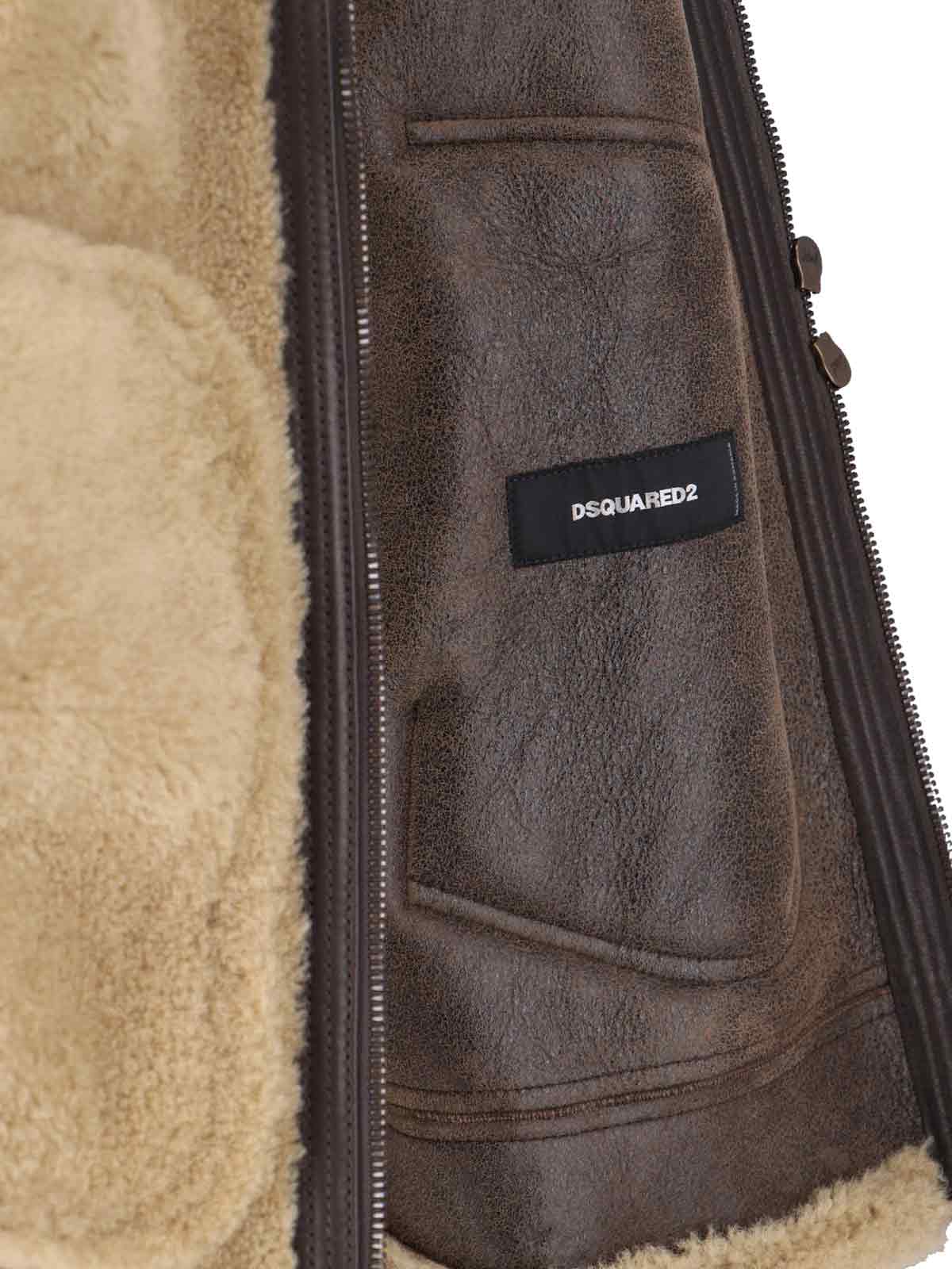Dsquared2 Beige Shearling Jacket With High Collar In Brown