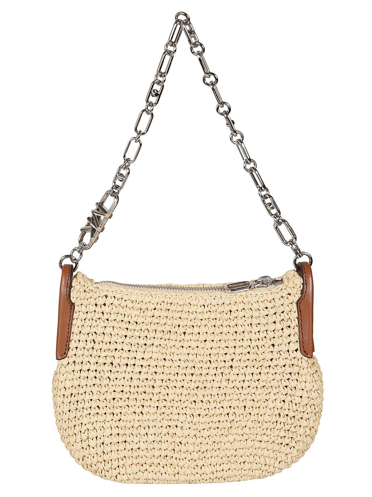 Shop Michael Kors Kendall Small Straw Shoulder Bag In Natural Luggage