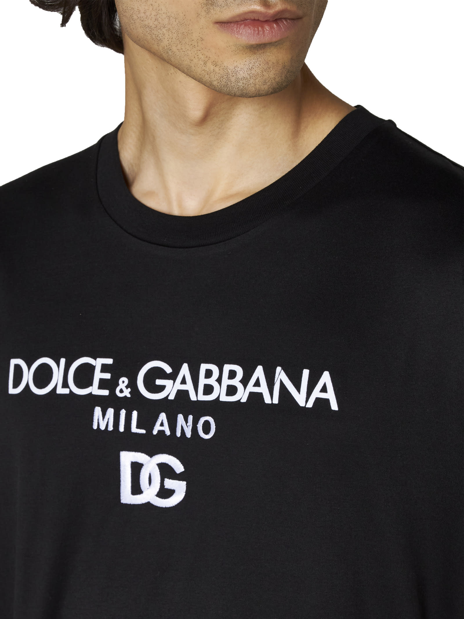 Dolce & Gabbana Jersey Round-neck T-shirt With Dg Milano Embroidery In Nero
