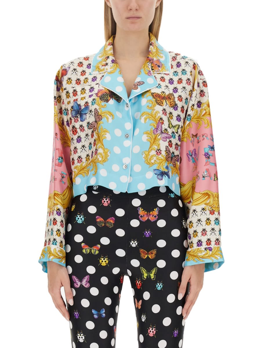 Shop Versace Short Shirt With Butterfly Print In Multicolour