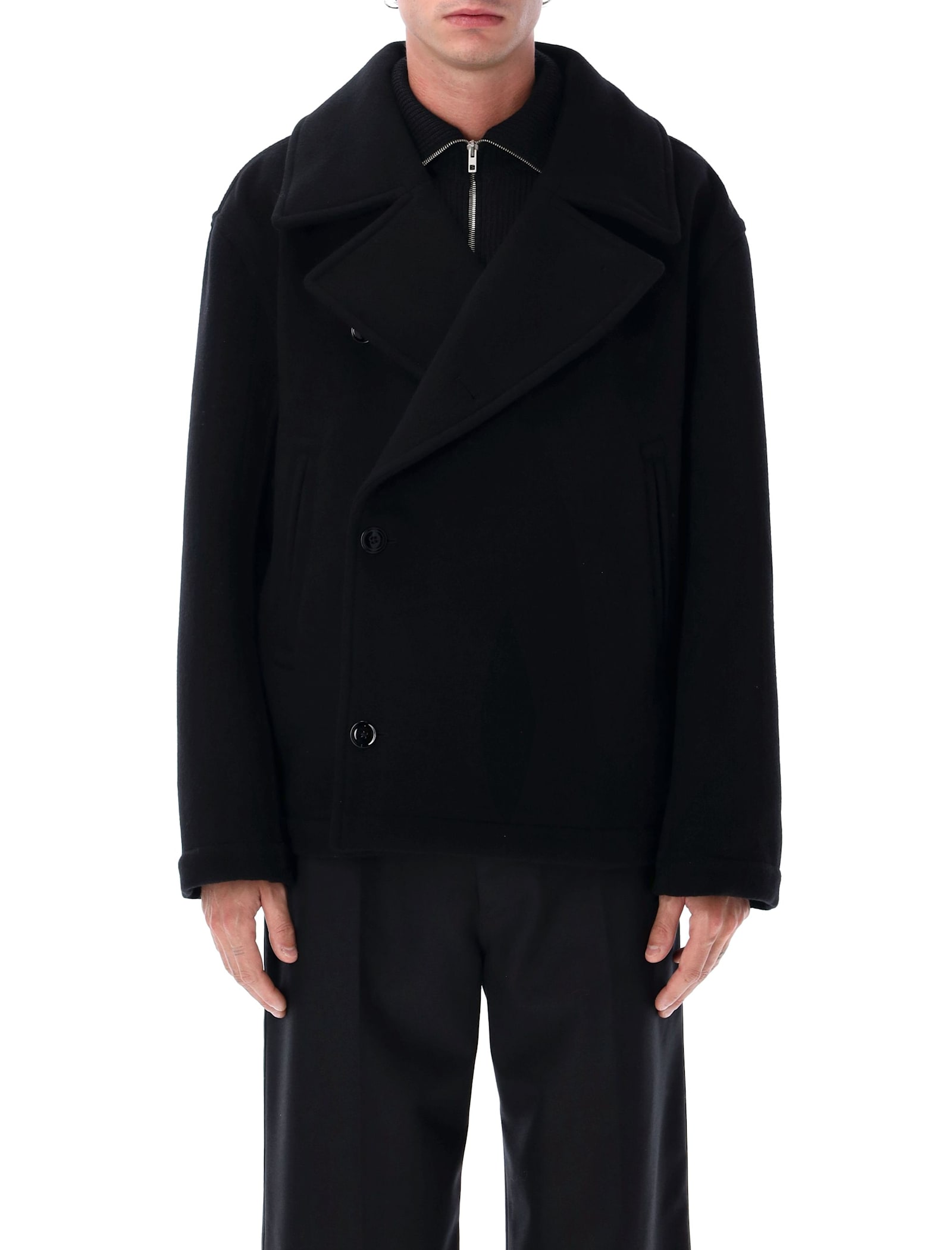 Lemaire Boxy Peacoat In Double-faced Wool In Black