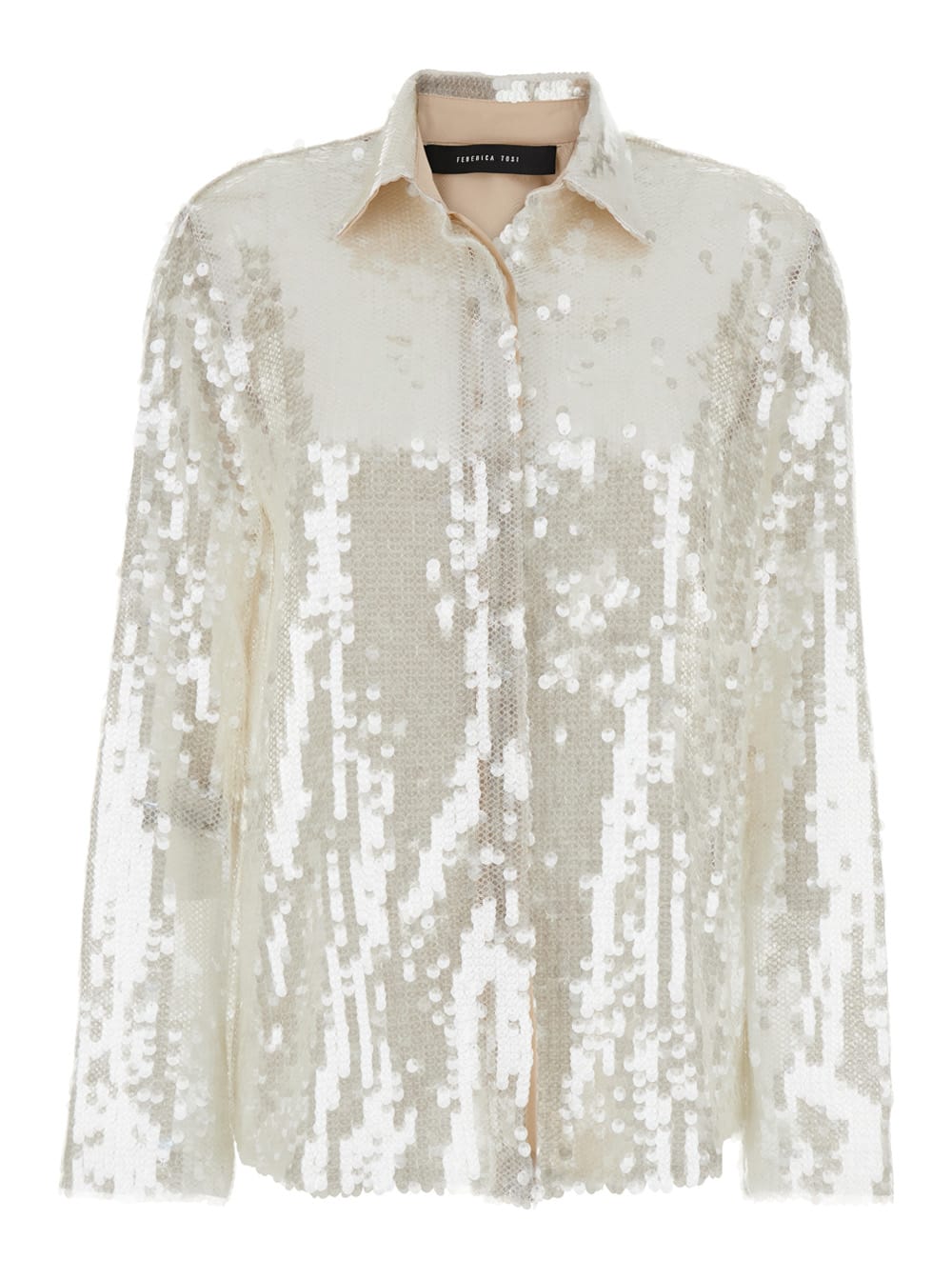 Shop Federica Tosi Metallic Shirt With Mesh Design And All-over Applied Sequins In Tech Fabric Woman