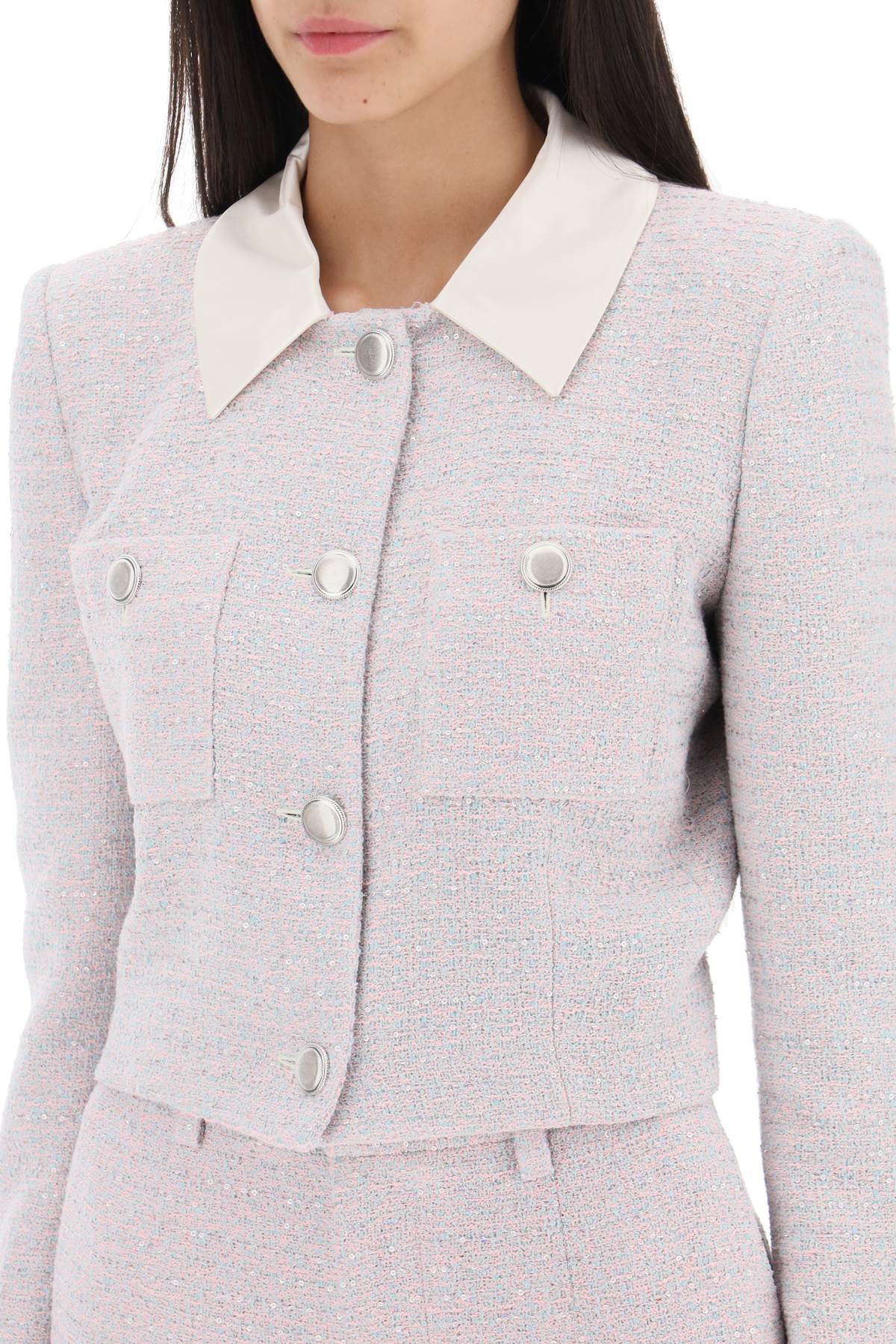 Shop Alessandra Rich Cropped Jacket In Tweed Boucle In Light Blue Pink (light Blue)