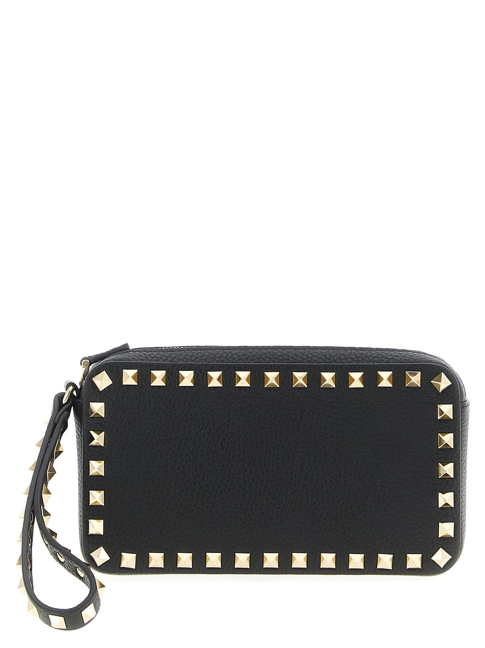 Valentino Rectangular Studded Clutch With Textured Surface In Black