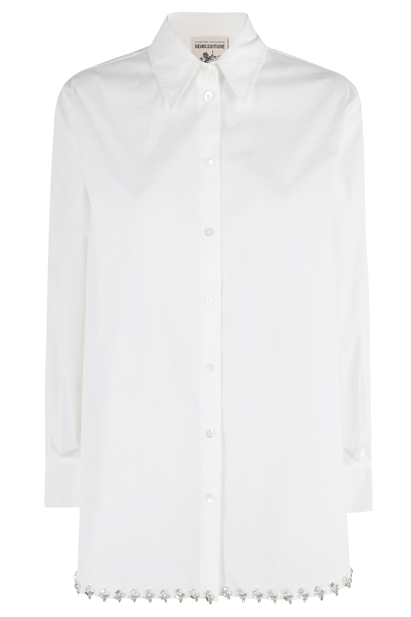 Semicouture Button-up Shirt With Classic Collar And Rhinestone Hem In White