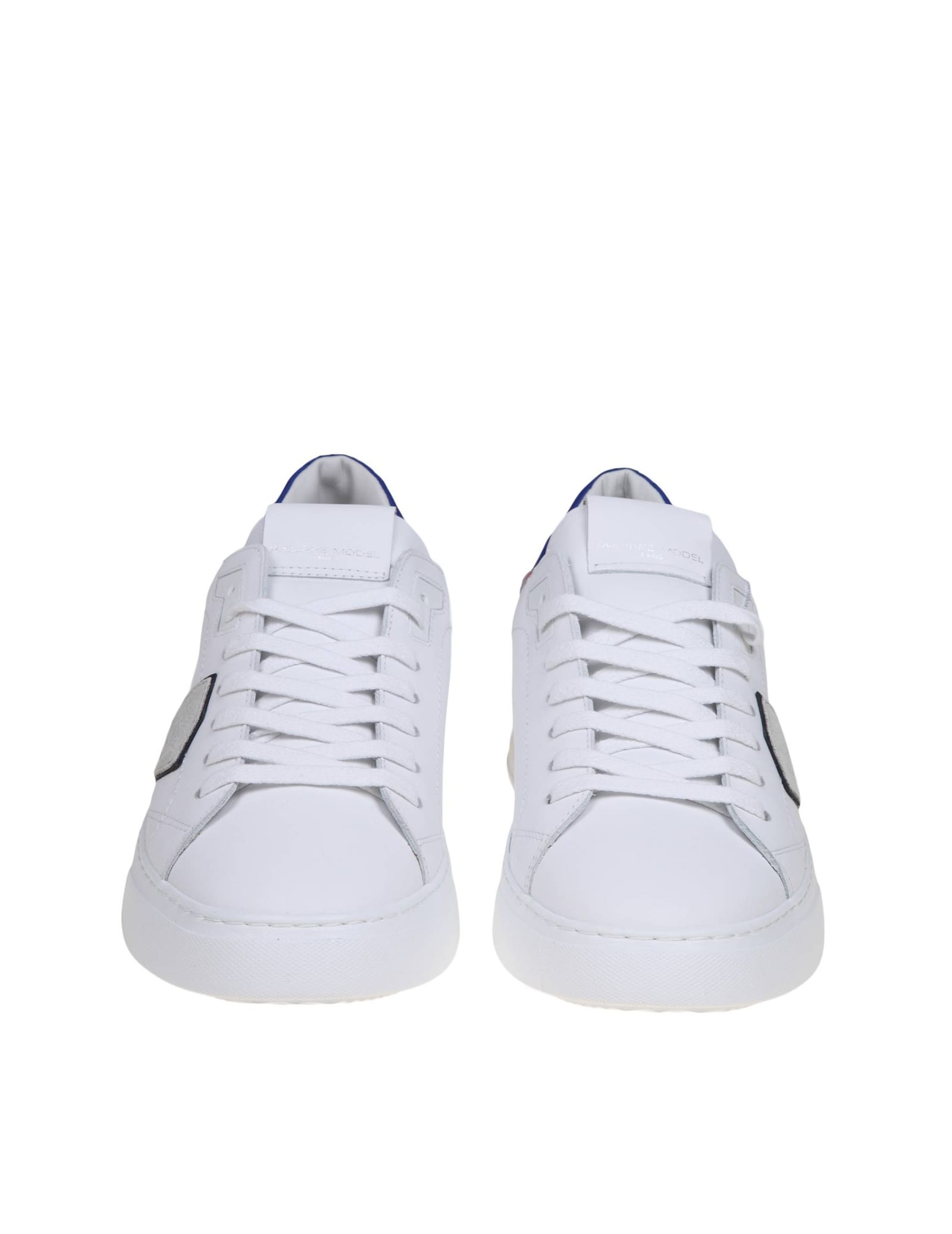 Shop Philippe Model Temple Low Sneakers In White And Blue Leather In Blanc/bleu
