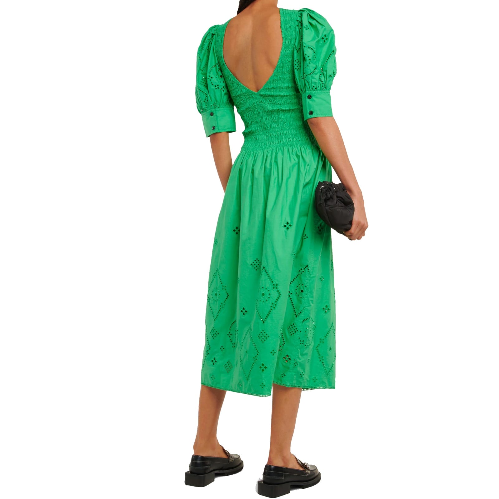 Shop Ganni Gathered Cotton Dress In Green
