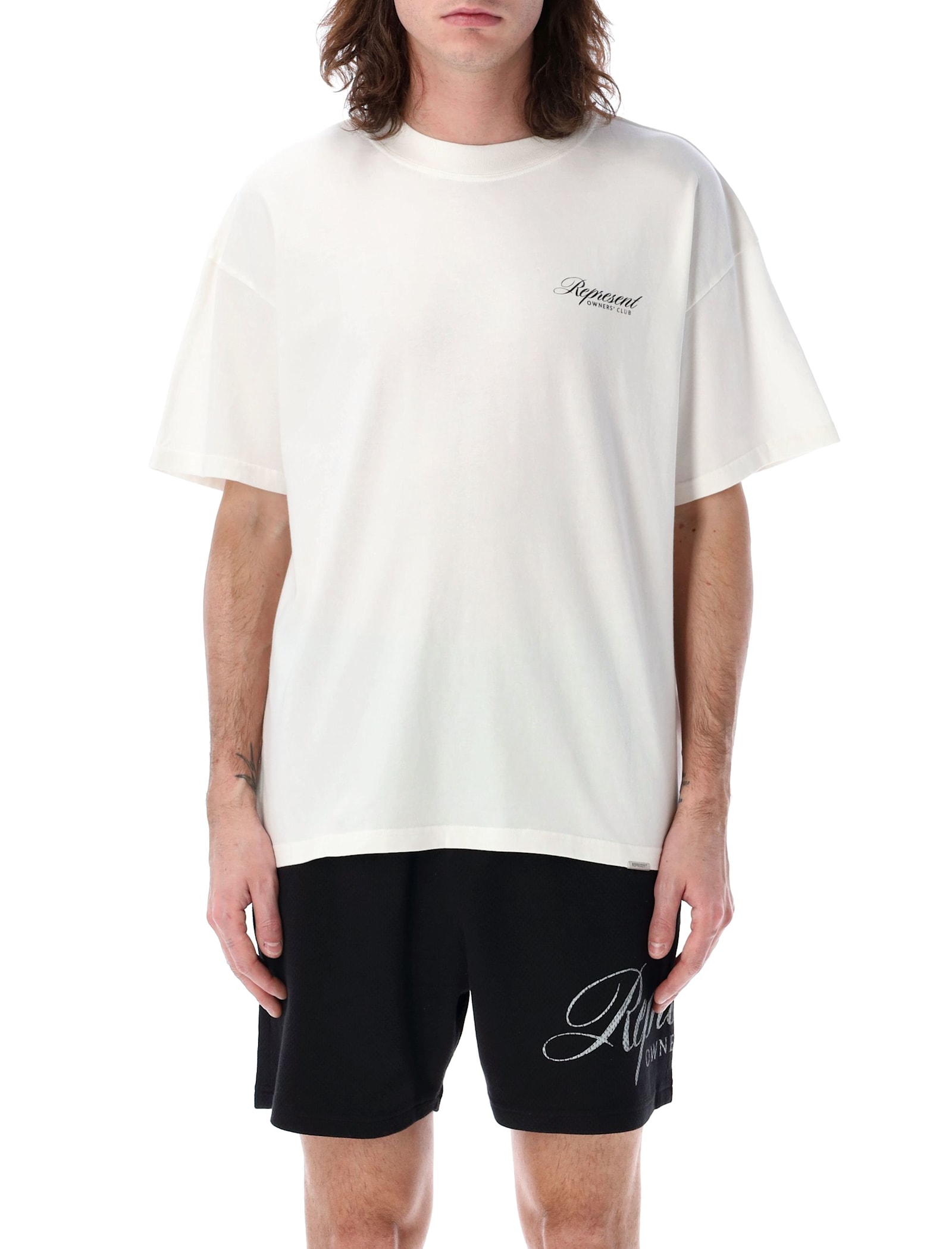 Represent White Crewneck T-shirt With With Front And Back Owners Club Print In Flat White