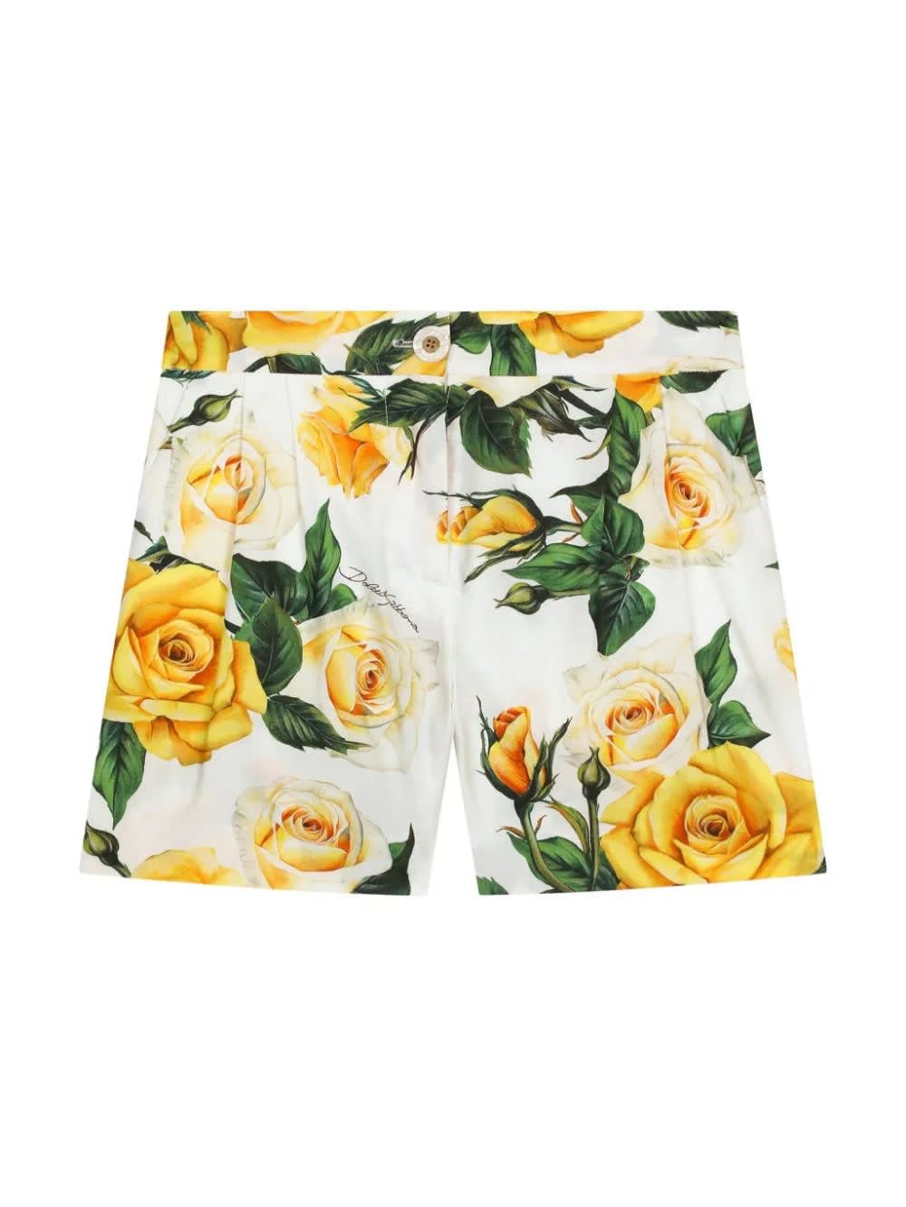 Shop Dolce & Gabbana White Shorts With Yellow Rose Print