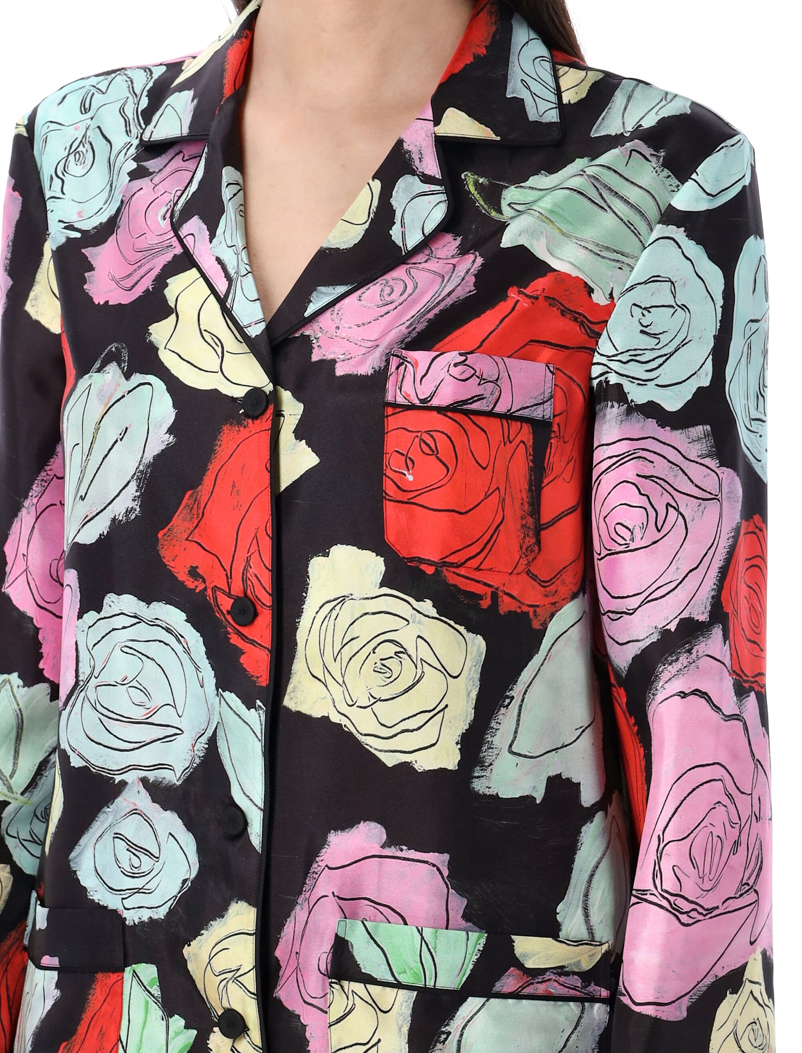 Marni Roses Silk Twill Pyjama Shirt In Black Multi Rose