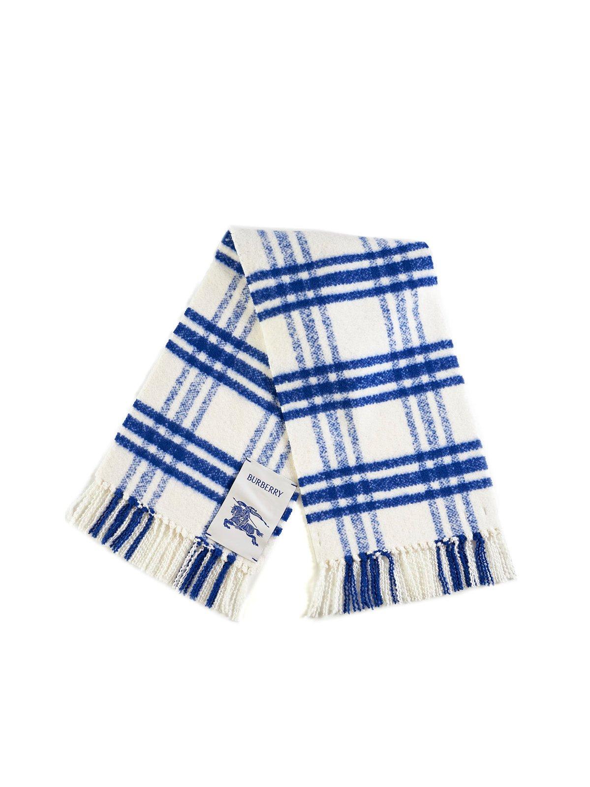 Shop Burberry Logo Patch Checked Frienged-edge Scarf In Knight