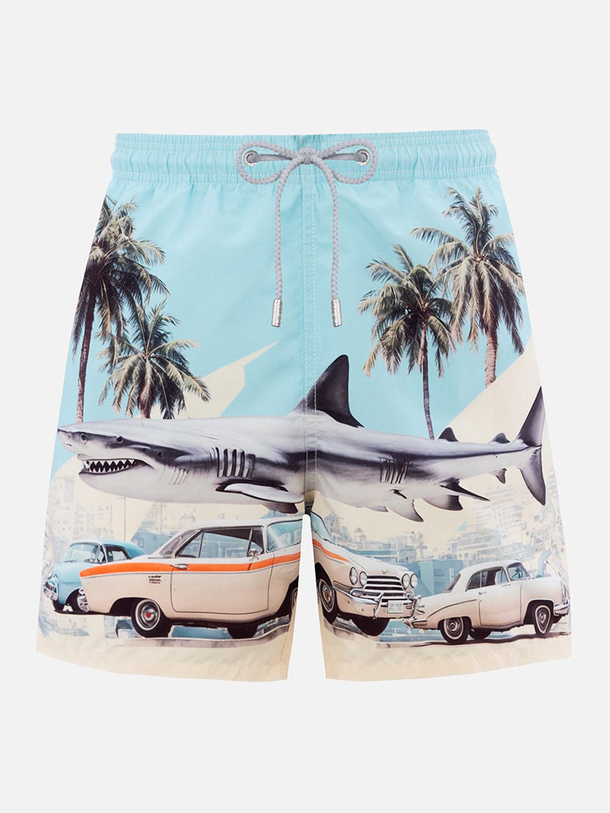 Mc2 Saint Barth Man Mid-length Gustavia Swim-shorts With Car And Shark Placed Print Ai Co-created Design By Rickdick In Green