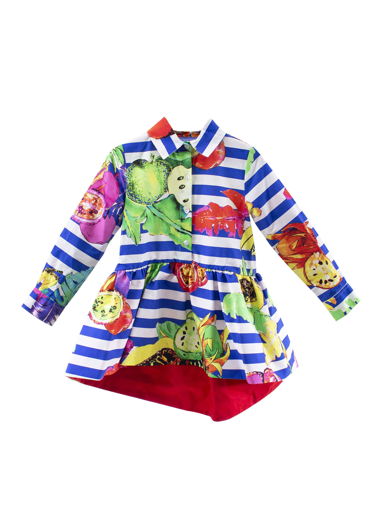Stella Jean Little Girl Dress With Blue Stripes With Fruits