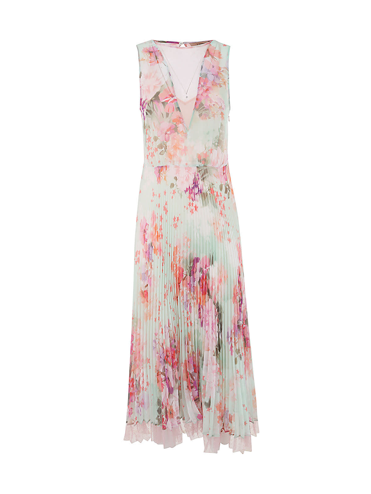 Twinset Plumentis Long Pleated Dress In Print Flower Azalea Agave