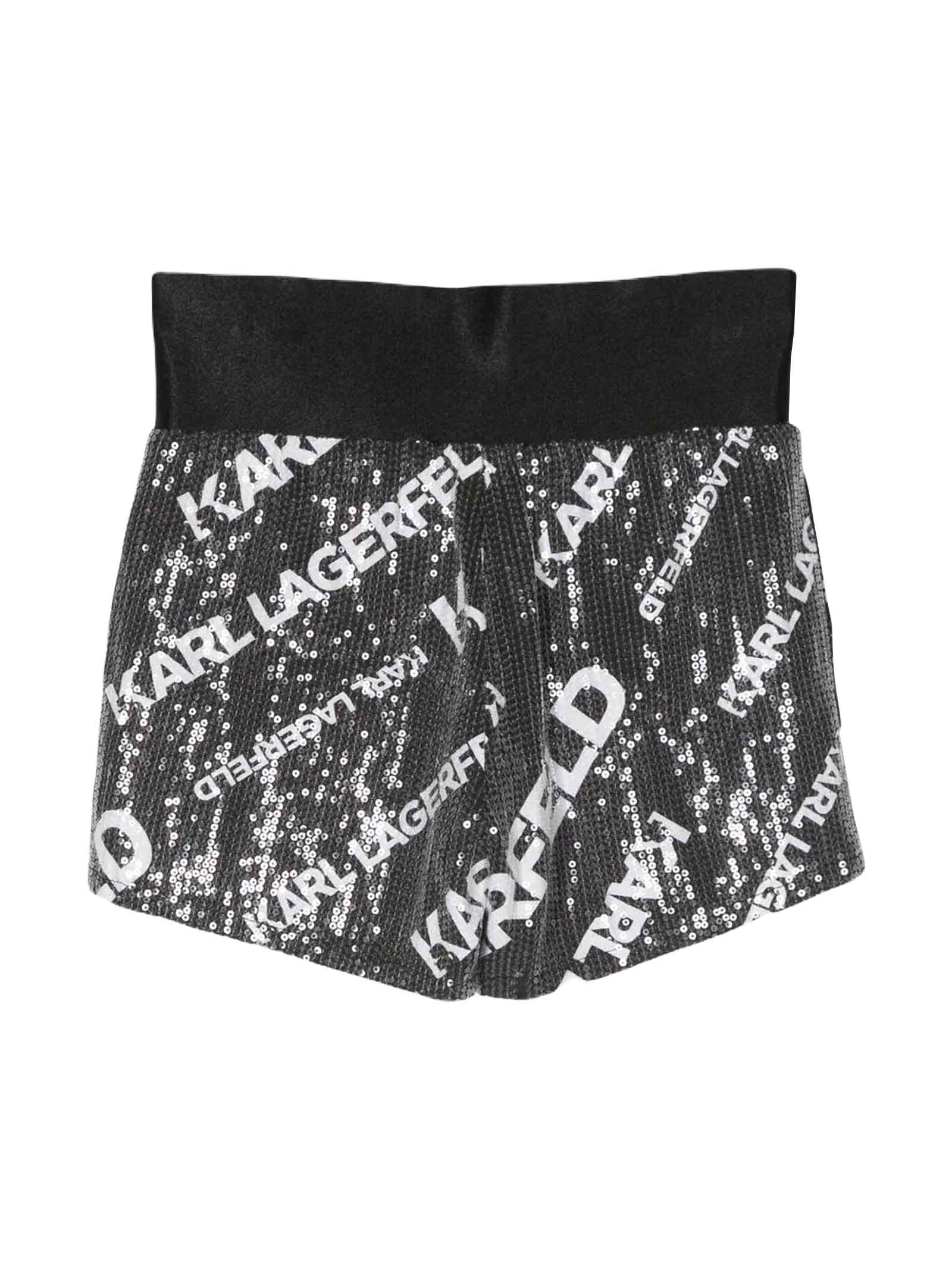 Karl Lagerfeld Kids' Girls Black Sequin Logo Shorts In Nero/bianco