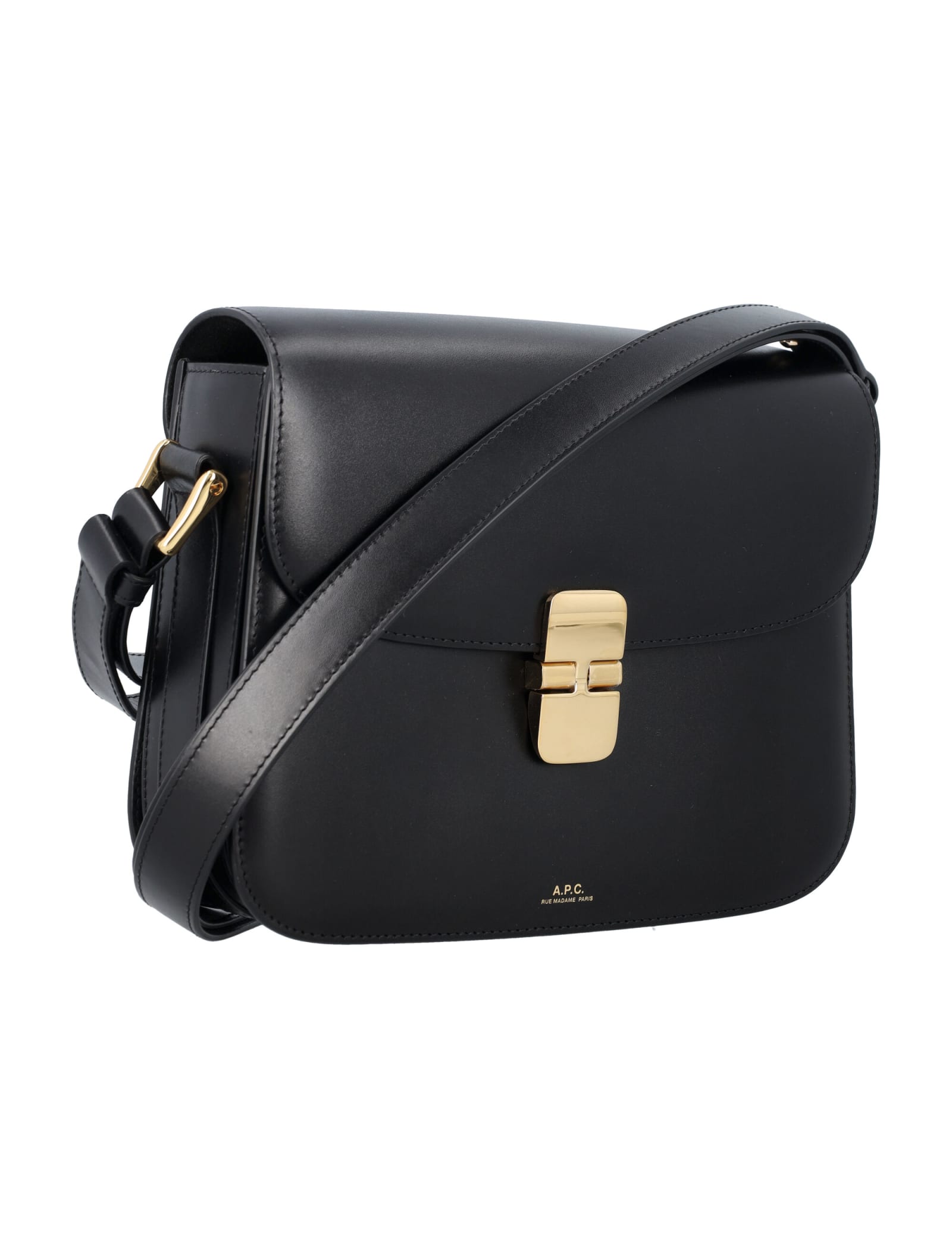 Apc A.p.c. Compact Black Calf Leather Shoulder Bag With Adjustable Strap In Black
