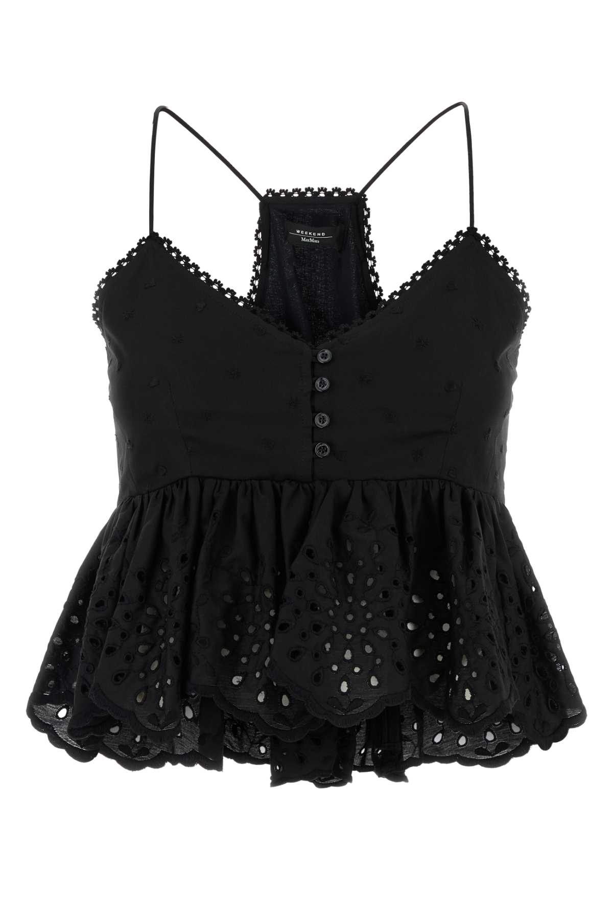 Weekend Max Mara Broderie Anglaise Peplum Top With Spaghetti Straps In Black