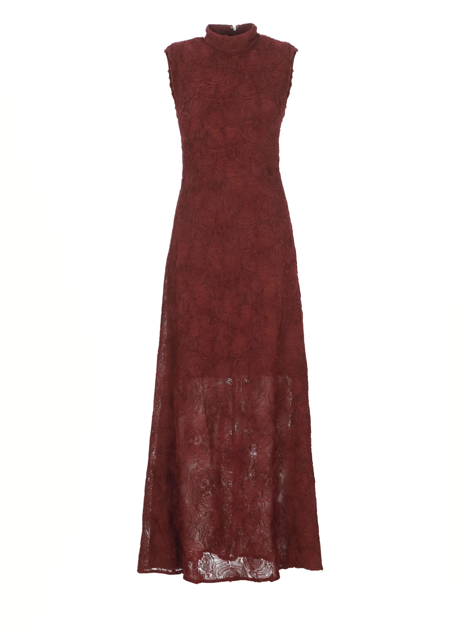 Rotate Birger Christensen Flared Tulle Dress With Intricate Rose Detailing In Burgundy