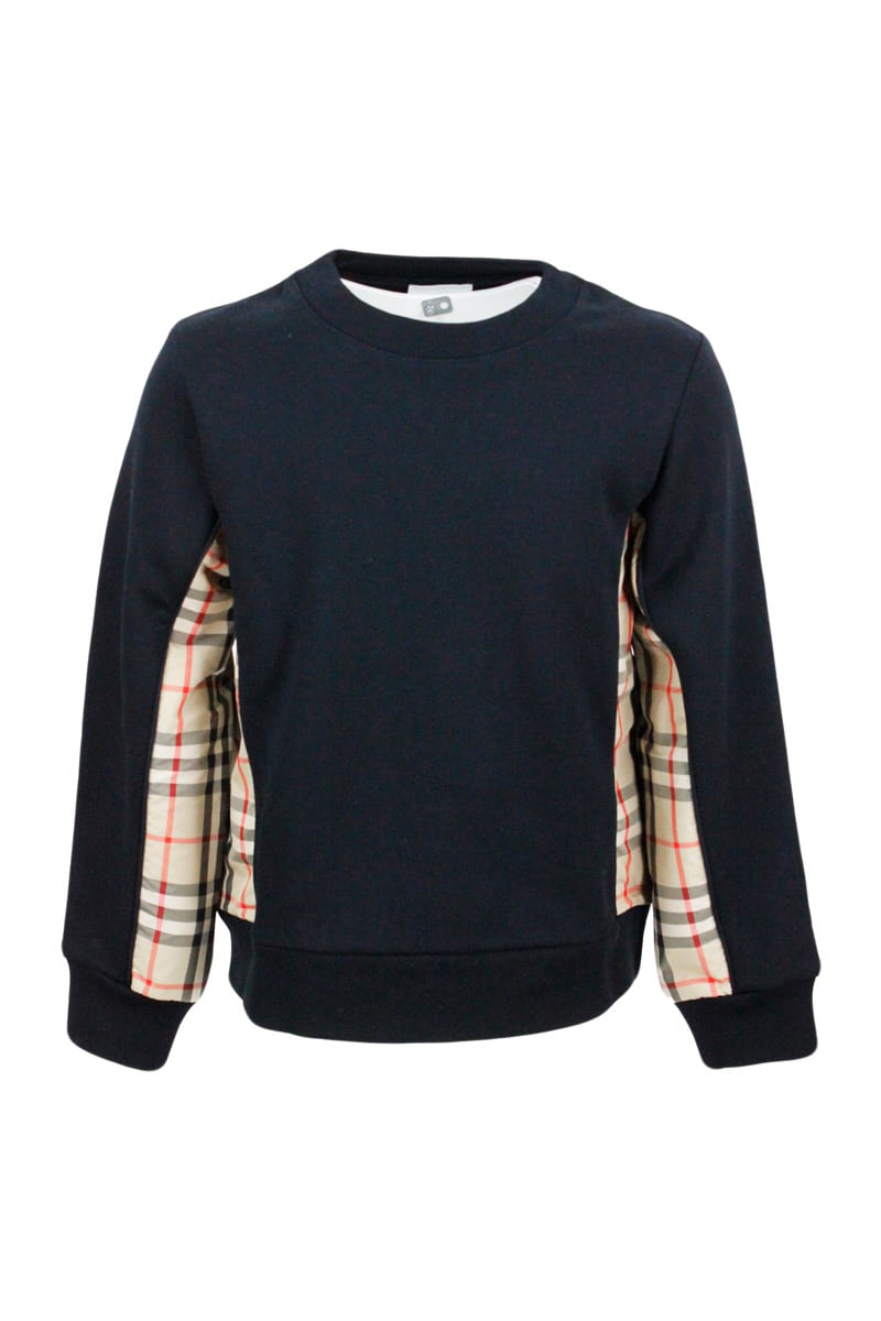 Shop Burberry Crewneck Sweatshirt In Cotton And Check On The Sides. In Black