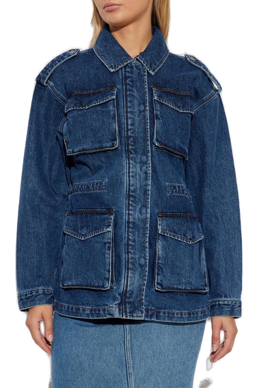 Shop Self-portrait Denim Utility Jacket In Dark Denim