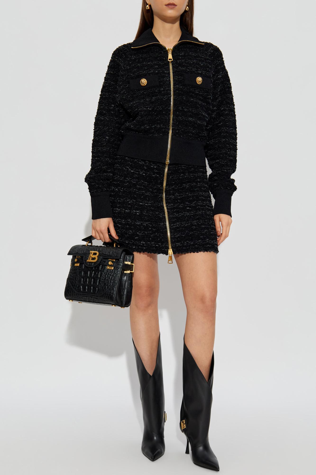 Balmain Textured Fabric Short Jacket With High Collar In Black
